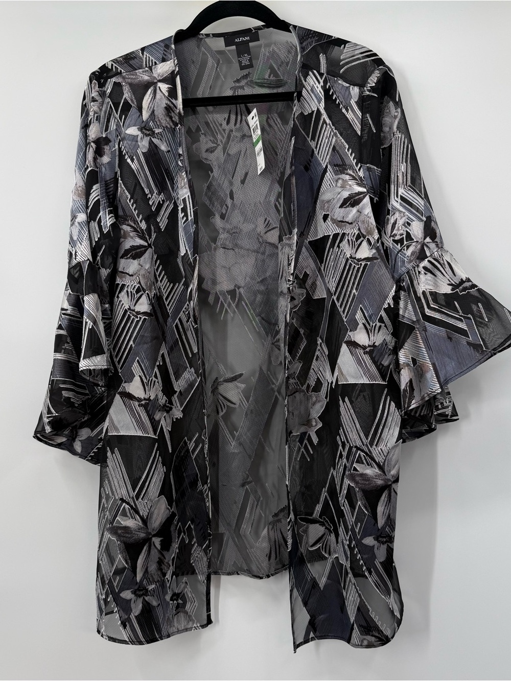 Alfani Black and Gray Floral Sheer Duster